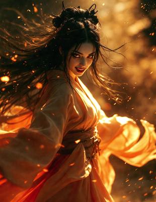 The primary subject of the image is a woman with long black hair, wearing a yellow dress and holding her arms out. She appears to be in a dramatic pose, possibly for a photo or an artistic project. The setting is a dark room with a bright orange glow, which adds a mysterious and captivating atmosphere to the scene. The visual style of the image is a combination of photo and digital art, creating a unique and intriguing appearance. The colors and mood of the image are predominantly dark and